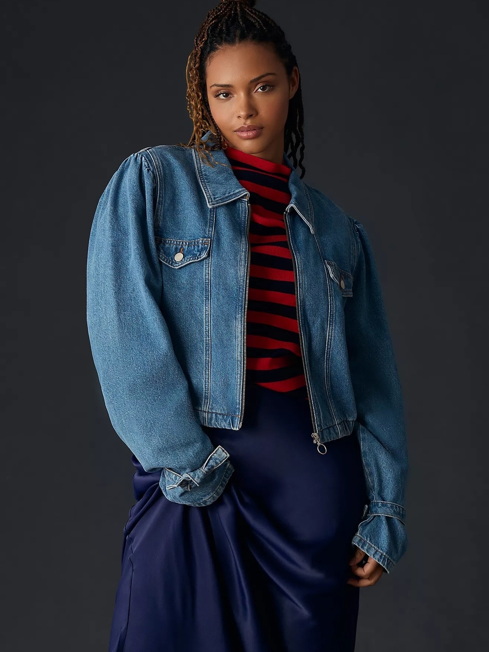 Anthropolgie Maeve Puff Sleeve Bomber Denim Zip Jacket